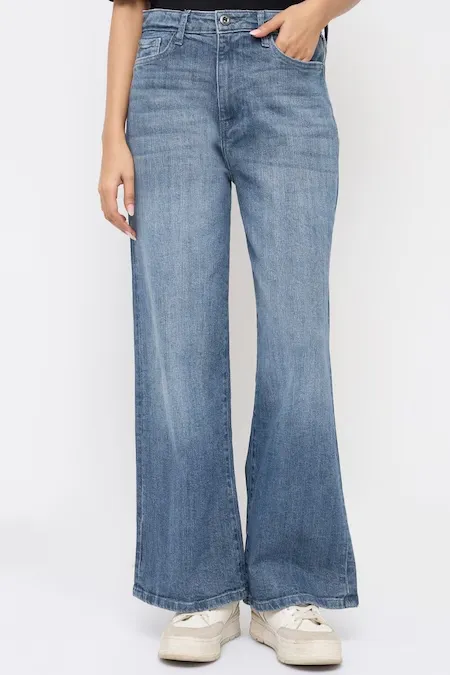 Medium Blue Solid Wide Leg Jeans